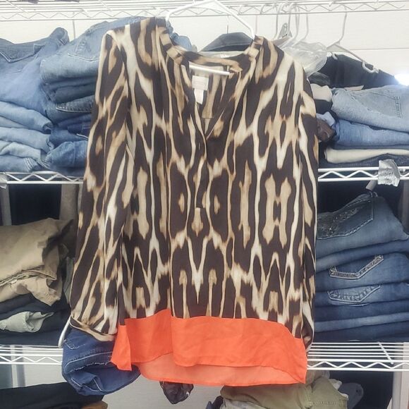 Chicos Black and Brown Graphic 3/4 Sleeve Tunic with V Neck Collar - Picture 1 of 3